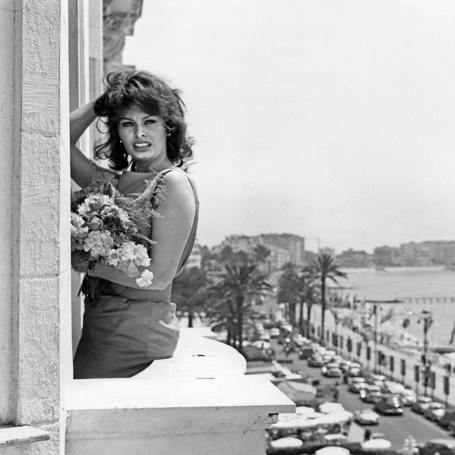 Sophia Loren During Cannes Festival On May 13, 1959 At The Balcony Of Carlton Hotel